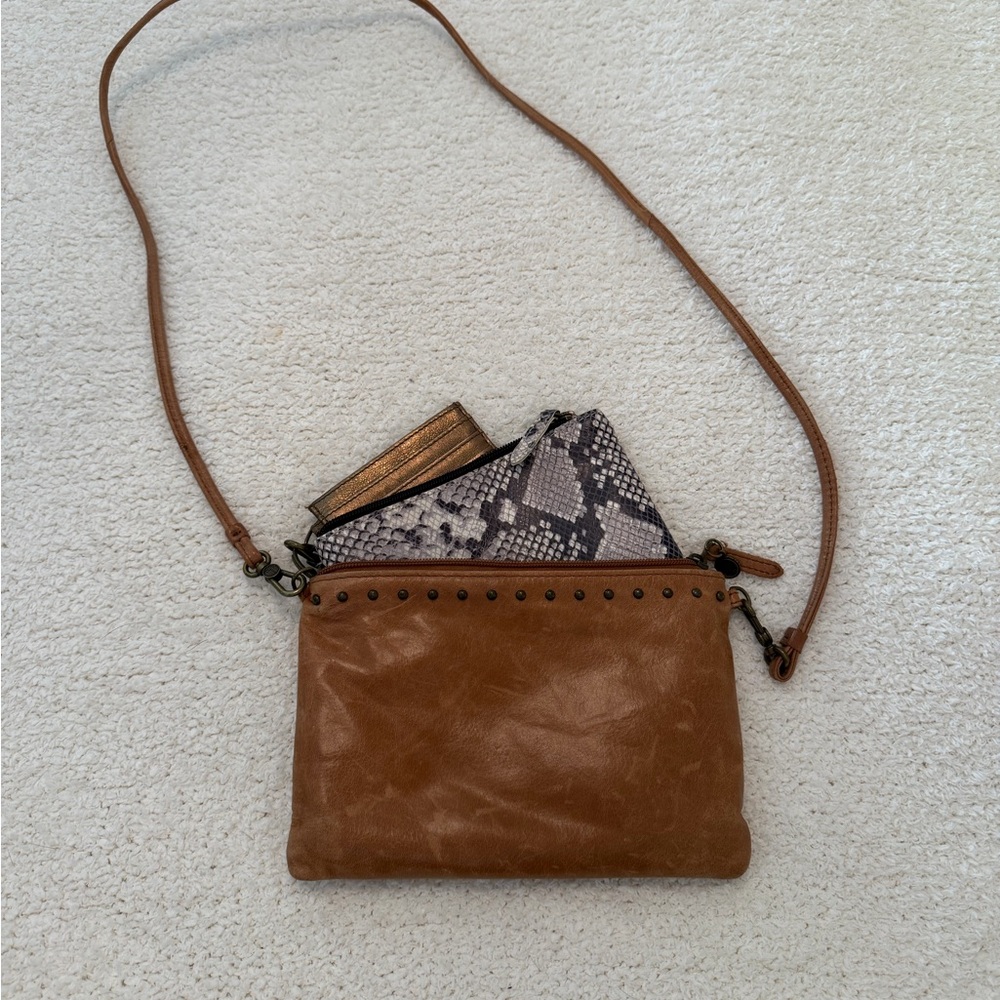The Sak Brown Leather Crossbody Wristlet Studded Purse With Card Holder Pouch
